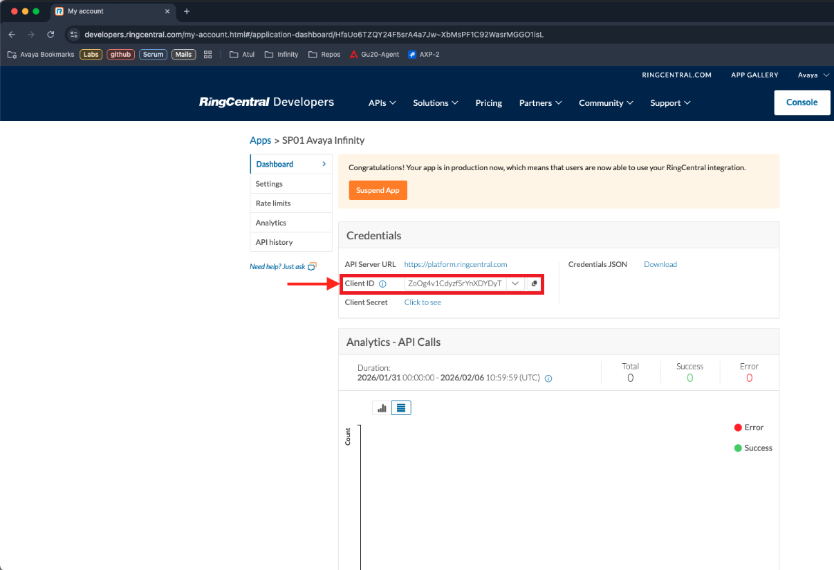 De nieuw aangemaakte Avaya Cloud Office-app en Client-ID