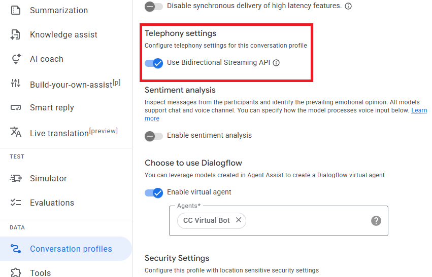Bidirectional Streaming API gebruiken ingeschakeld