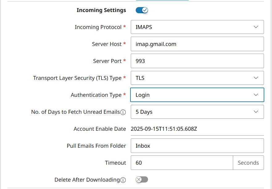 Het gedeelte Instellingen voor inkomend voor aangepaste mailboxen