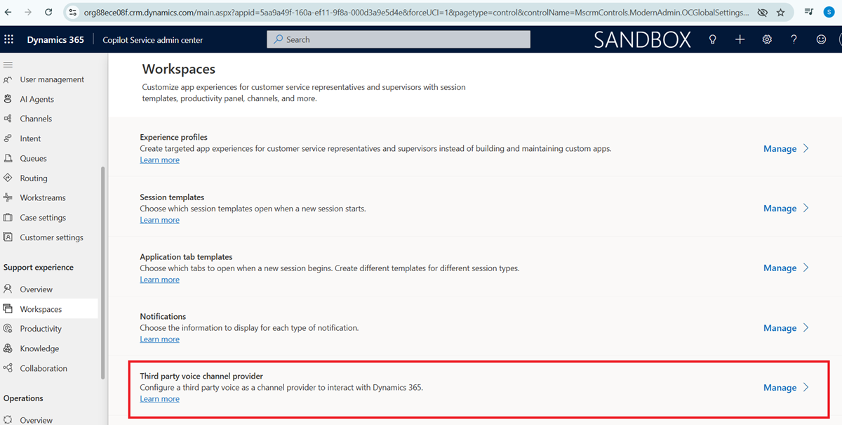 Het gedeelte Externe spraakkanaalprovider op de pagina Dynamics 365 Workspaces
