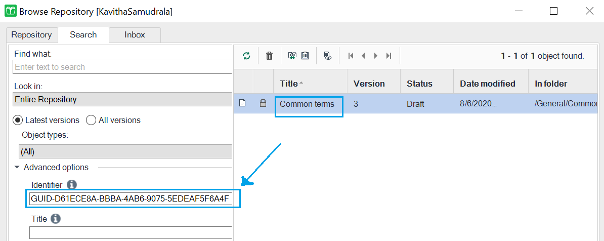 This image shows the Browse Repository dialog box with a topic and its
                            location listed in the search results on the right side of the
                            page.
