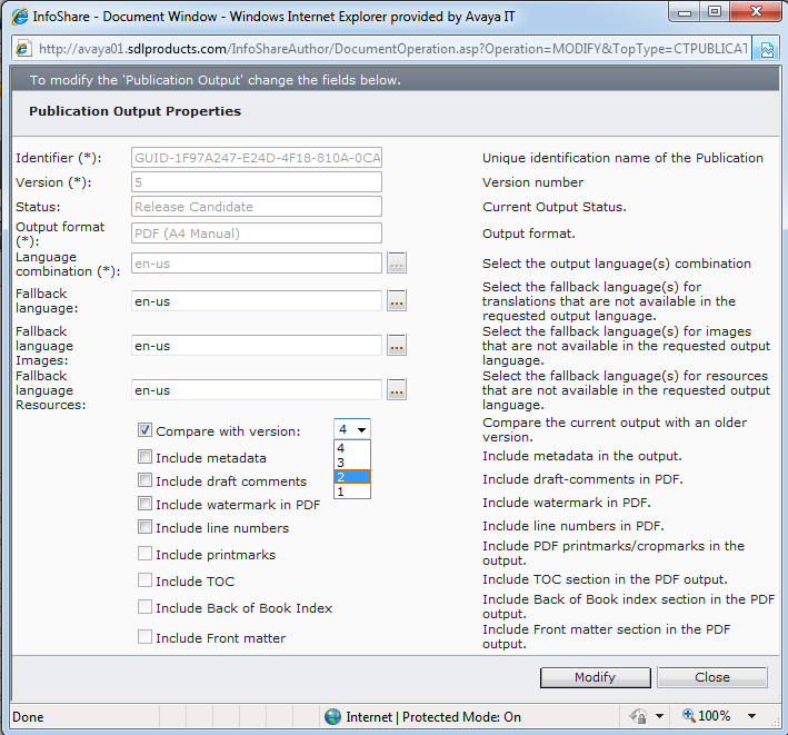 The Properties dialog box shows all fields that you can modify, including
the Compare with version box checked and version 1 selected.