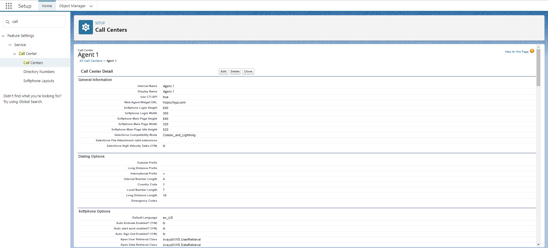 Screenshot showing the configuration of a contact center on
                                Salesforce.