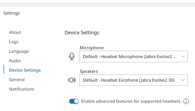 Device Settings options