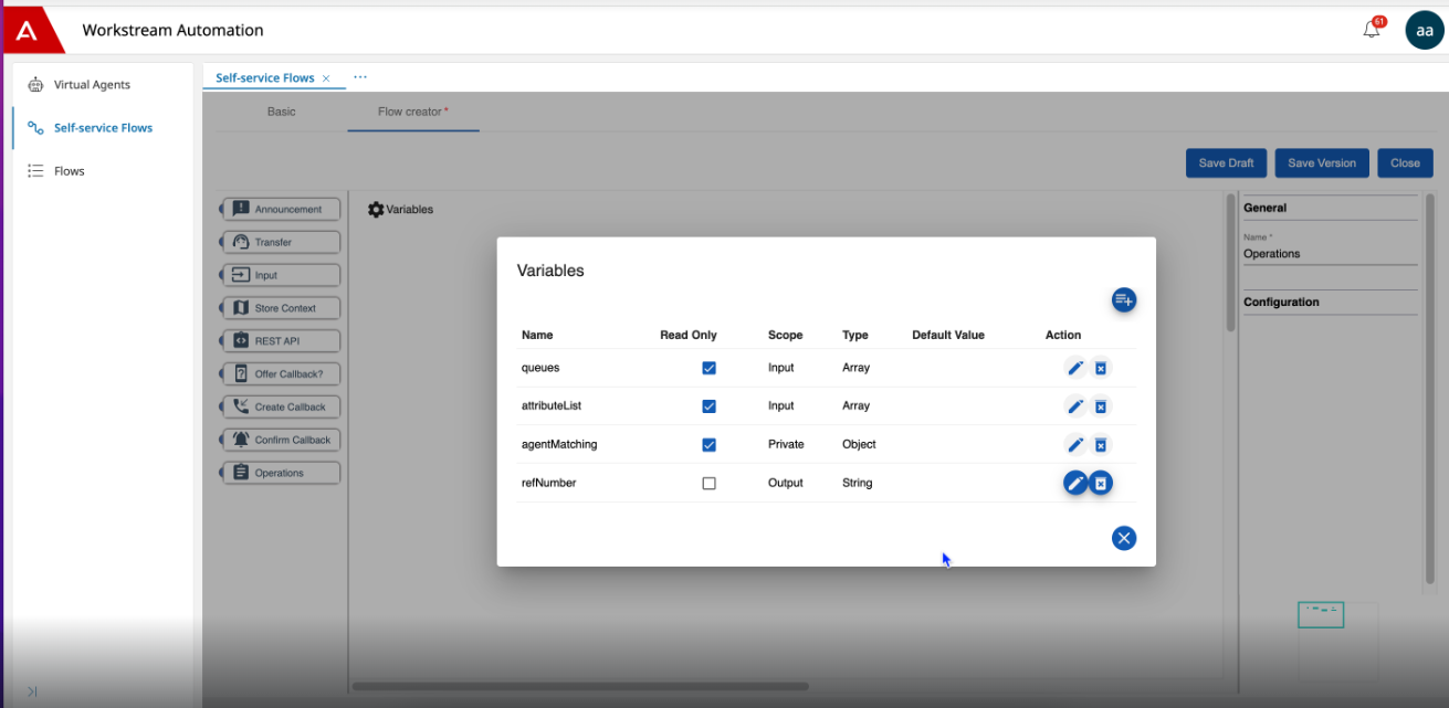 Variables screen