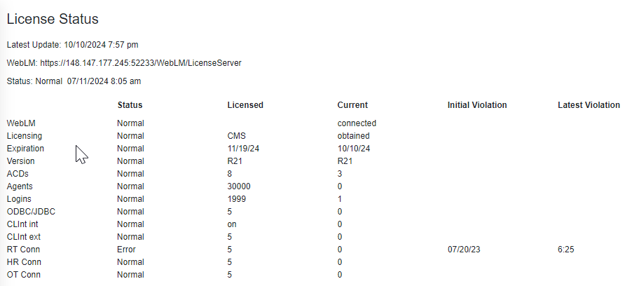 Example image showing license status information, including a
                                        row with Error status