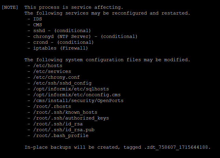 Example of impacted services and configuration files listed in the command
              output