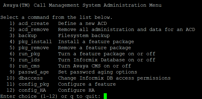 CMS System Administration Menu displayed in the command output