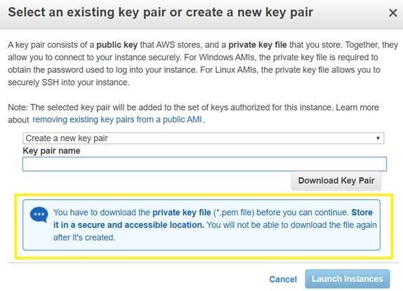 Select an existing key pair or create a new key pair dialog box