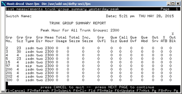 avCmMeasTrkGrpSumYest - Trunk Group Summary Report