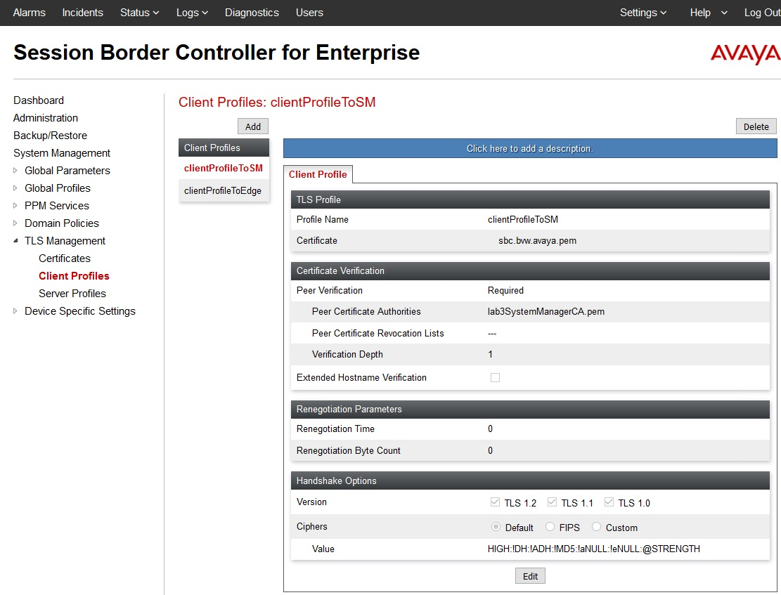 Avaya Session Border
                    Controller for Enterprise client profiles user interface.