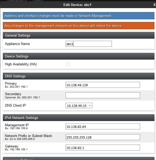 Edit device dialog box for sbc1.