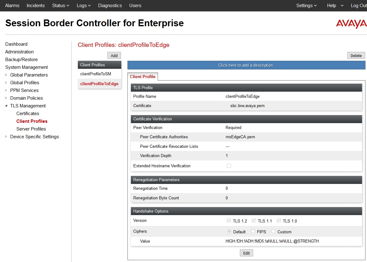 Avaya Session Border
                    Controller for Enterprise client profiles user interface.