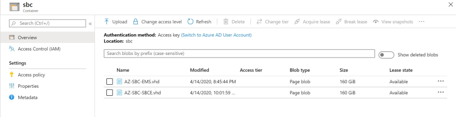Screen shot of the VHD file in the Azure Portal
storage account.