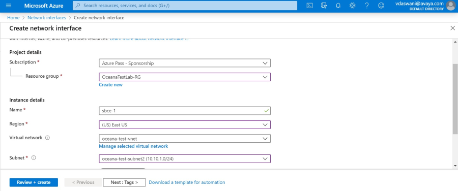 The create network interface window.