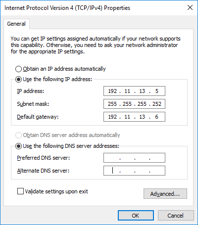 Laptop Internet Protocol settings for System
Manager